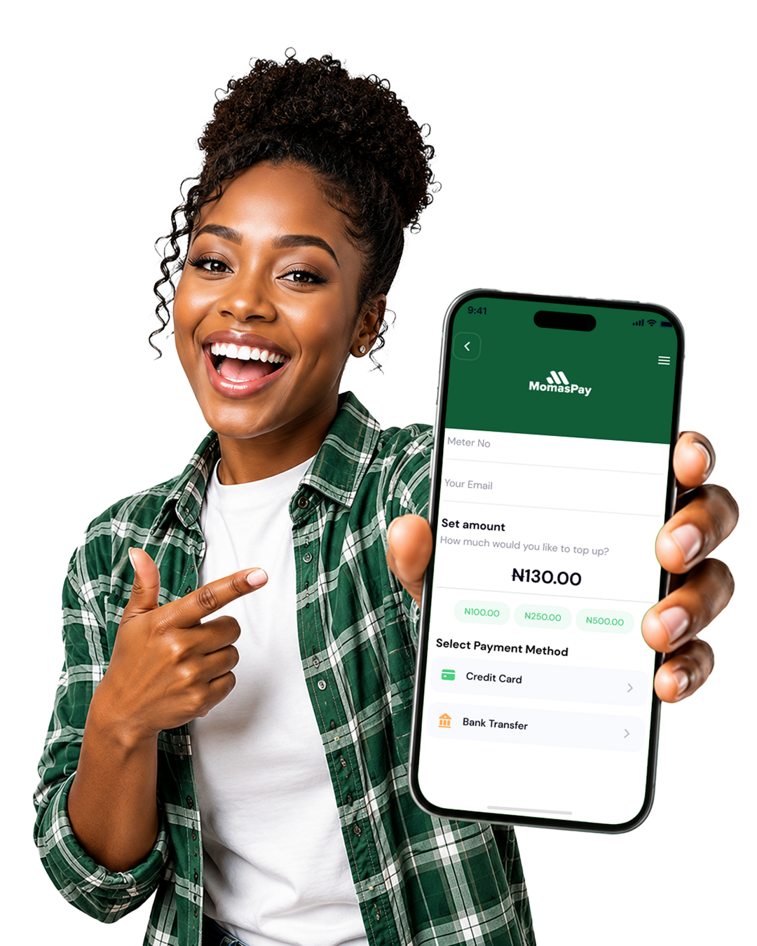 Smiling customer holding a phone with the MomasPay top-up screen